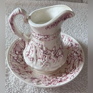 Vintage 1968 Red Transferware Pitcher & Bowl Set – Beautiful Detail